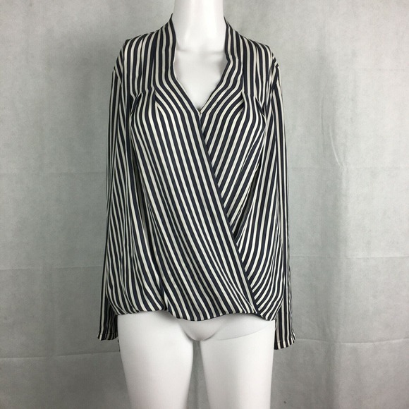 Ann Taylor Shirt Womens Sz XS White Gray Striped Wrap Front Top Blouse Career - Picture 1 of 7